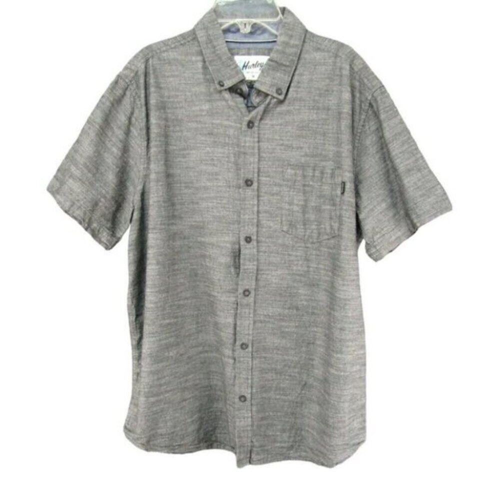 Hurley Standard Collection Slub Button Down Gray Camp Shirt Men Size L Short Slv